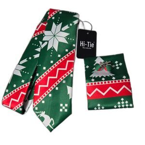 Hi-Tie Men's Christmas Holiday Ties -Silk Necktie Pocket Square & Cufflinks Set